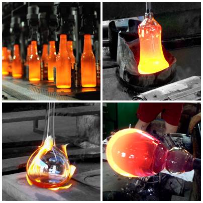 Produção de diferentes produtos de vidro como garrafas e vasos Produção de diferentes produtos de vidro como garrafas e vasos
