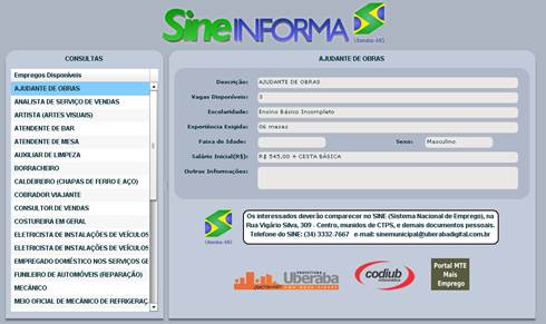 Tela site Sine Uberaba site sine uberaba
